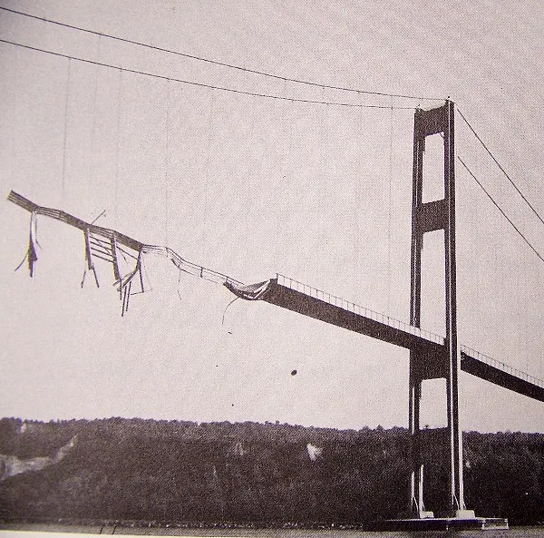 Historical photo of the Tacoma Narrows Bridge after collapse, a structure that looked convincing until real-world pressure exposed its weakness.